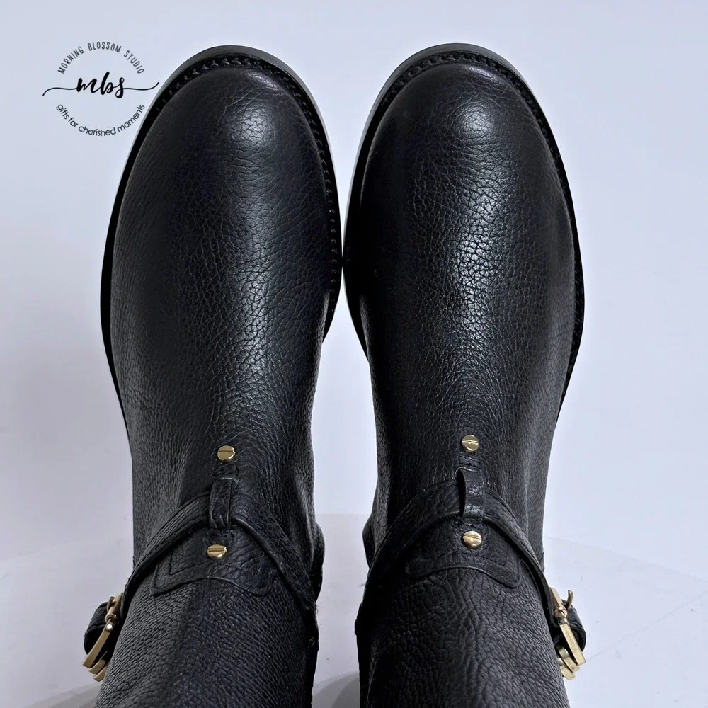 NWOT Tory Burch Thea Riding Boots Equestrian Leather Zip‎ Buckle Black Women 6.5